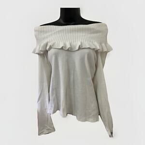 Rafaella White Off Shoulder Ruffle Sweater Top Women’s Size Large Cozy Chic